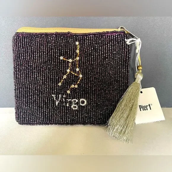 NWT Pier One Virgo Beaded Coin purse with zipper, tassel, & embroidered “Virgo” - Picture 1 of 8